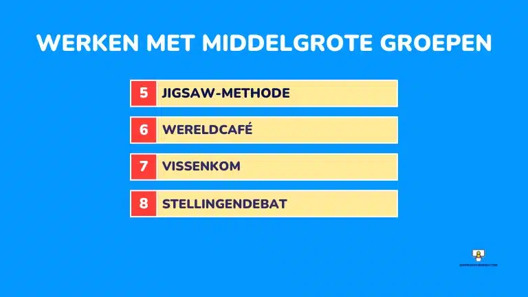 werken met groepen (afbeelding 3) Overzicht van vier werkvormen voor het werken met middelgrote groepen: jigsaw-methode, wereldcafé, vissenkom en stellingendebat